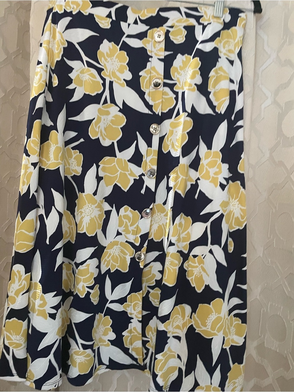 Lavish Navy A-Line Skirt with Yellow and White Floral Buttons